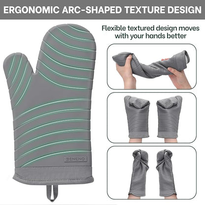 Beneno Heat Resistant Silicone Oven Mitts BPA-Free, Non-Slip Textured Grip & Quilted Cotton Lining, Waterproof Kitchen Mitt 2-Pack Set, 7"x13", Gray