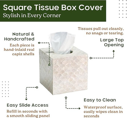 CHI AN HOME 5.8” Capiz Tissue Box Cover, Square Decorative Tissue Holder with Bottom Slider, Handmade Bathroom Accessories, Elegant White Cube for Vanity, Bedroom, Office & Coastal Décor (Natural)