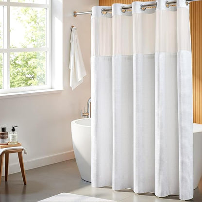 River Dream Extra Long Shower Curtain Set, Cotton Blend, Waffle Weave, with Snap in Replacement Liner, White, 71 x 86 inches