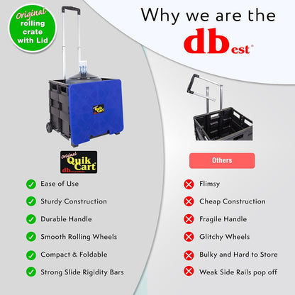 dbest products Quik Cart Collapsible Rolling Crate on Wheels for Teachers Tote Basket, 80 lbs Capacity, Blue Lid Made from Heavy Duty Plastic and used as a Seat