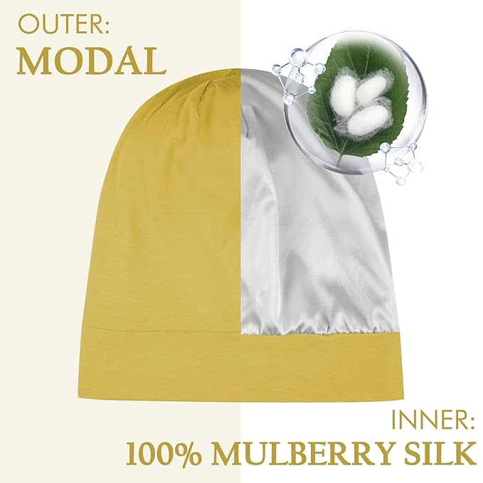 OLESILK 100% Mulberry Silk Bonnet for Sleeping Women, Silk Hair Wrap for Sleeping, Yellow