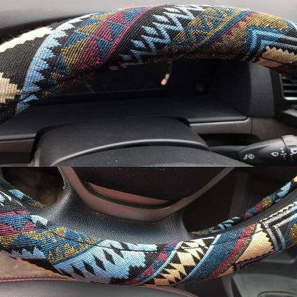SHIAWASENA Car Steering Wheel Cover, Coarse Flax Cloth, Ethnic Style, Universal 15 Inch Fit, Anti-Slip Sweat-Absorbent (I#)