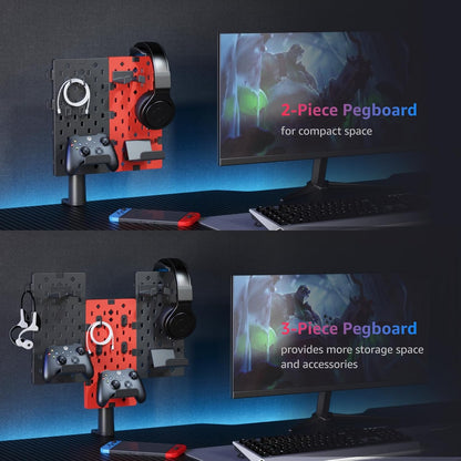 PEGZONE Modular Headphone and Controller Holder for Game, Clamp-on Pegboard, Rotatable Controller Stand with Cable Hooks, Gaming Accessory for Xbox PS5 PS4 Nintendo Switch, 3Pcs Pegboard, Red