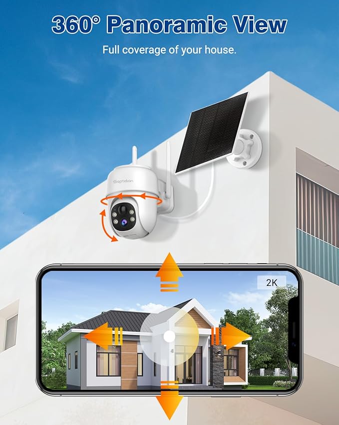 Septekon 360°PTZ Security Cameras Wireless Outdoor 2 Pack, 2K Solar Battery