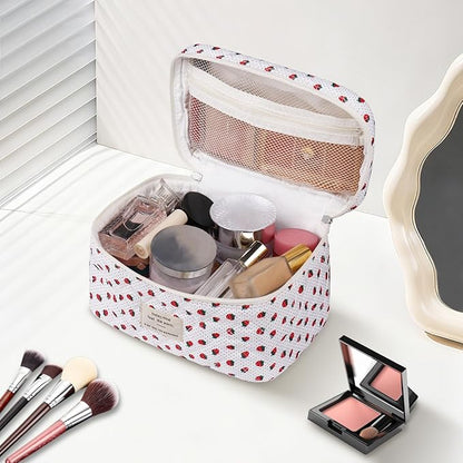 Gosect Large Makeup Bag, Cute Cosmetic Bag for Women Girls, Floral Coquette Aesthetic Toiletry Bag, Travel Make Up Organizer Bag (Strawberry)