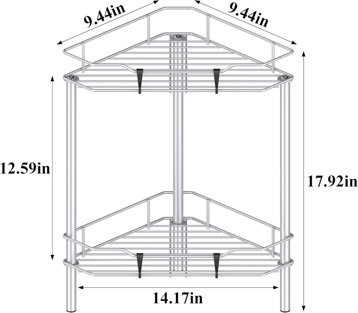 2 Tier Floor Standing Corner Shower Caddy Organizer Shelf with Hooks, Bathroom Shelves Stand Rack, Silver