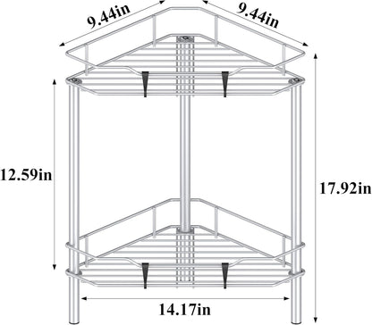 2 Tier Floor Standing Corner Shower Caddy Organizer Shelf with Hooks, Bathroom Shelves Stand Rack, Silver