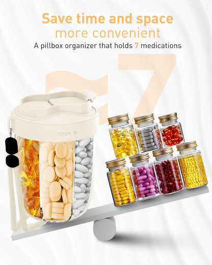 Large Pill Organizer,Supplement Organizer for 7 Different Vitamins,Pill Dispenser with Anti-Mixing Design,Easy to Retrieve Meds,Includes 20 Pcs Labels,Travel Pill Organizer (Cream White)