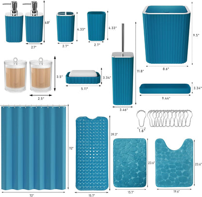 Bathroom Accessories Set - 26PC Gorgeous Teal Bathroom Set, Bathroom Accessory Set, Shower Curtain Set with Bathtub Mats for Shower Tub, Trash Can & Soap Dispenser