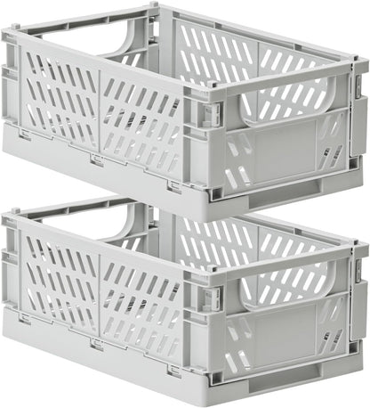 2-Pack Small Pastel Plastic Storage Baskets, Collapsible Crates for Organizing, Space-Saving Mini Bins for Classroom, Kitchen, Office, Bedroom (Grey, 9.8" x 6.5" x 3.8")