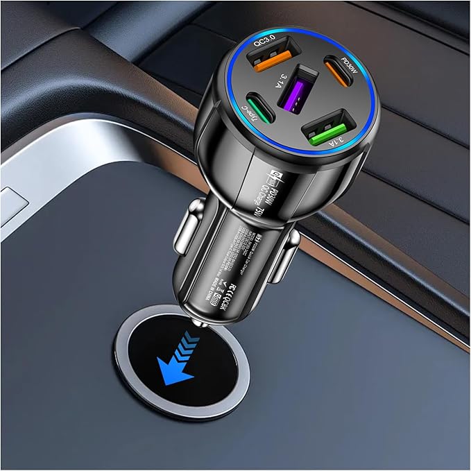 5 Port Fast Car Charger Adapter,12-24V Car Charger USB C & 30W QC3.0/3.1A Port with Reinforced Contacts & Lighting,75W Vehicle Accessories Cigarette Lighter USB Chargers (Black)