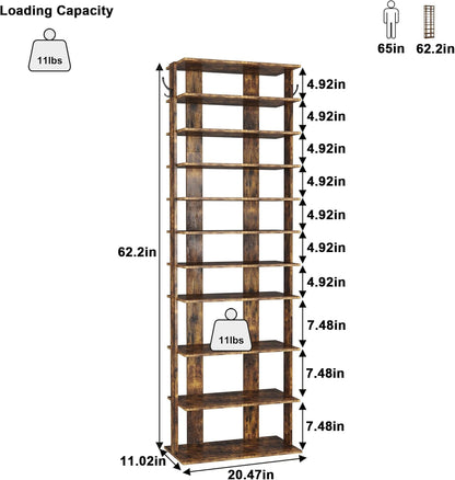 HOMEFORT 10-Tier Vertical Shoe Rack, Corner Shoe Tower, Double Rows 10 Tiers Shoe Shelf, Slim Shoe Storage Unit for 20 Pairs of Shoes, Shoe Stand for Entryway, Hallway, Closet (Rustic Brown)