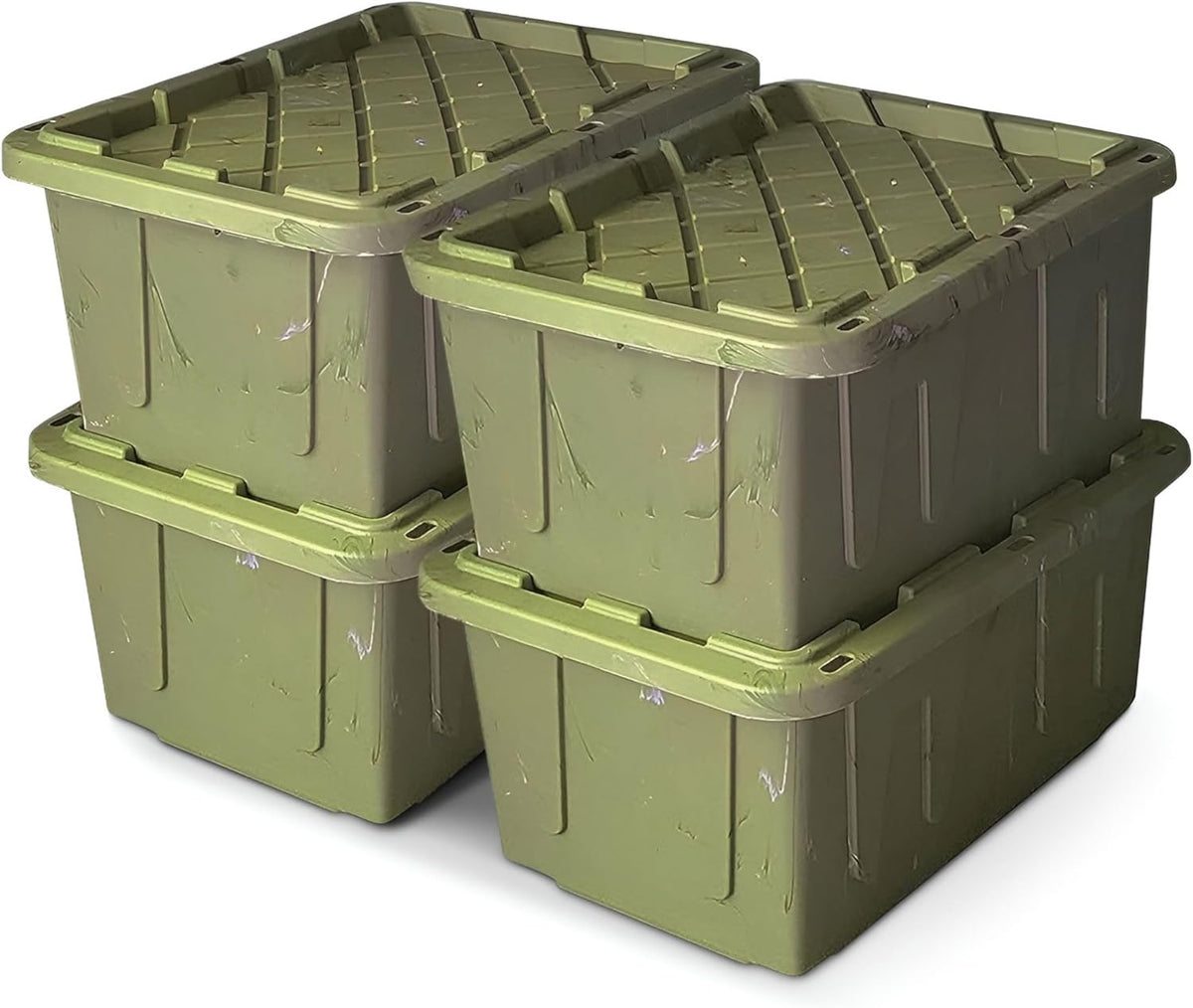 HOMZ 4-Pack Durabilt Tote, Heavy Duty Plastic Storage Bins with Lids, 27 Gallon, Green Camo - Stackable Organizing Containers for Home, Garage, and Office