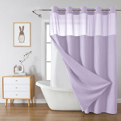 eachope Lavender Extra Long No Hook Waffle Weave Shower Curtain with snap-in Liner Replacement, 230GSM Waterproof Fabric Hotel Shower Curtain Set for Bathroom, Through Mesh Top Window,71Wx86H