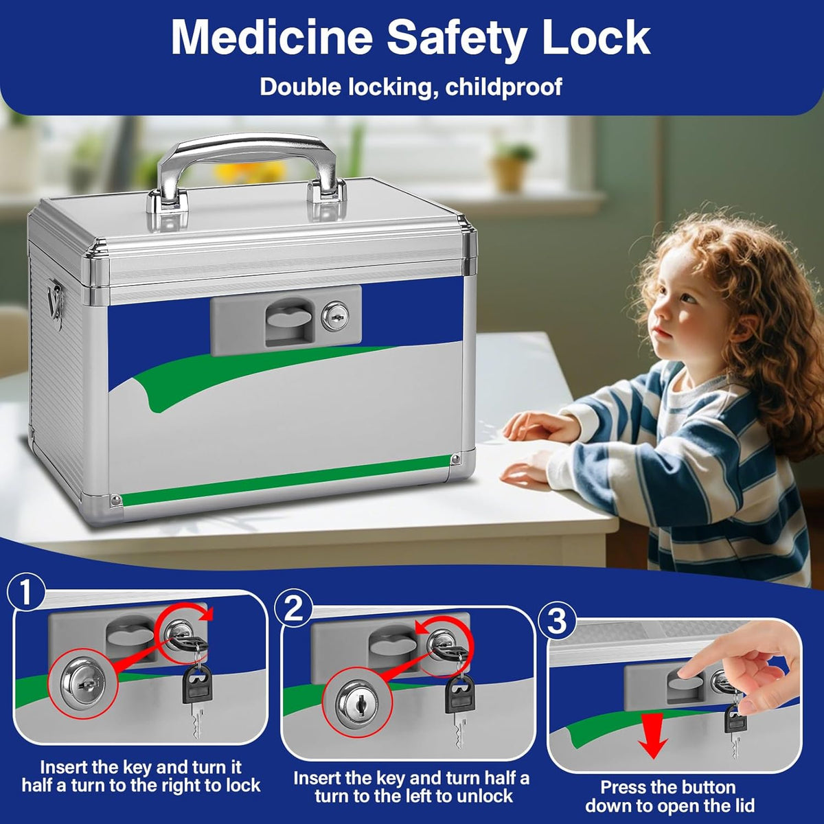 Medicine Lock Box for Safe Medication - 13.4 x 7.6 x 8.2 Inches - Lockable Storage Box for Drugs, First Aid Kit Empty, Lock Boxes with Key for Home/Outdoor (Blue/Large)