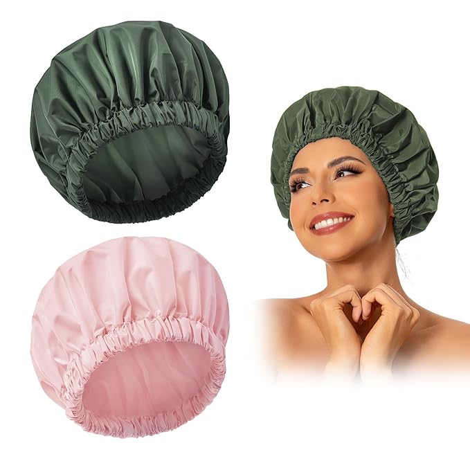 Reusable Shower Cap for Women, Large Waterproof Shower Essentials Bonnet Washable Elastic Band Bath Hair Wrap Hat for Long Hair, Braids(Pink&Green)