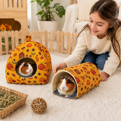 Guinea Pig Hideout Tunnel Set, 2 Pack Washable Small Animal Bed with Removable Cushion, Hamster Hideout Play Tunnel Toys for Guinea Pigs, Hamsters, Hedgehogs, Ferrets, Orange Pumpkin