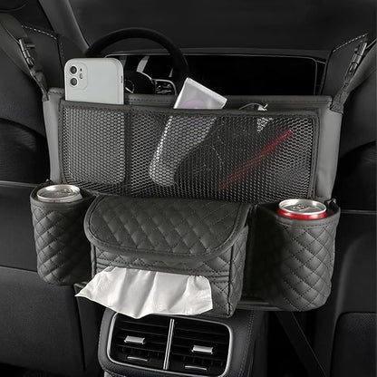 XINLIYA Car Handbag Holder Between Seats, PU Leather Multi-Pocket Large Capacity Purse Holder, Auto Net Bag Barrier of Backseat Pet Kids, Car Seat Organizers and Storage for Cargo Tissue Cup（Black）