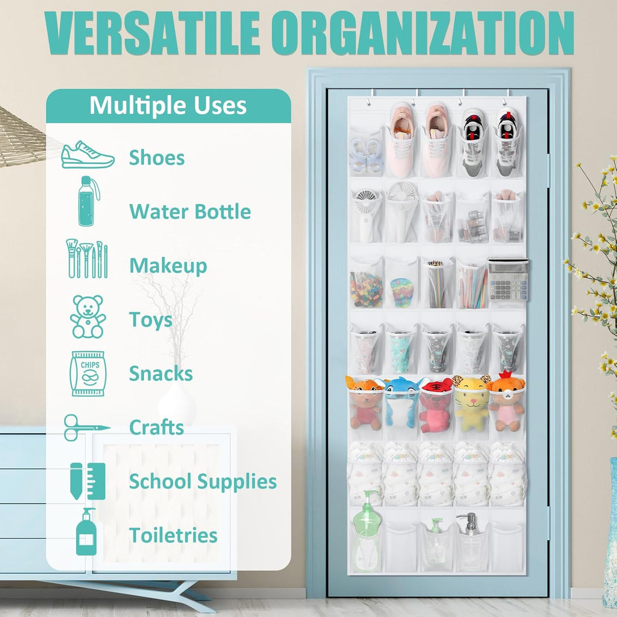 Tiblue Over The Door Shoe Organizer 35 Mesh Pockets Hanging Shoe Organizer Shoe Rack For Door Closet Entryway Bedroom Pantry Organizer - Shoe Holder Hanger For Sneakers, Women High Heeled Shoes White