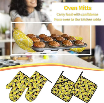 Funny Rubber Duck with Sunglasses Oven Mitts and Pot Holders 4 Pcs Set Oven Gloves and Potholders for Cooking Microwave BBQ Baking Grilling