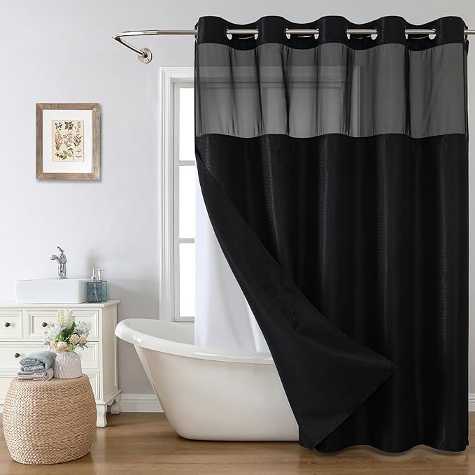 eachope Stall No Hook Shower Curtain with Snap-in Fabric Liner Set,Waffle Weave Shower Curtains for Bathroom,Hotel Luxury Decor Bathroom Curtain Set,Waterproof & Washable,Black,54Wx80H