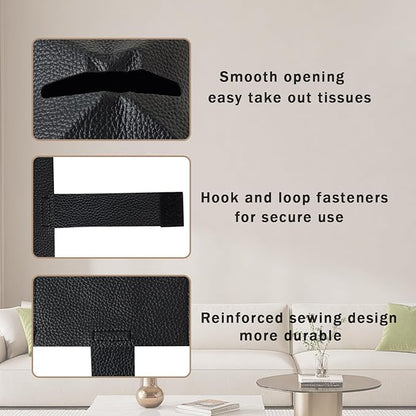 Hapforever 1PC Square Tissue Box Cover, PU Leather Square Tissue Box Holder with Bottom Belt Modern Tissue Box Organizer for Bathroom/Car/Hotel/Office (5.25”x5.25”x5”, Black)