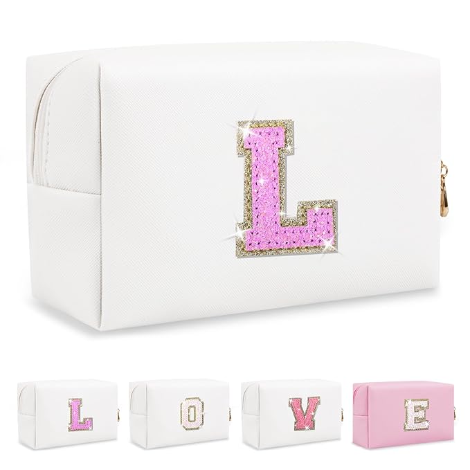 Small Initial Patch Makeup Bag Personalized Gifts Make Up Bag,White Cute PU Leather Glitter Letter Cosmetic Bag with Zipper,Trendy Portable Travel Toiletry Pouch,Preppy Stuff for Teen Girls Women L