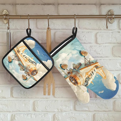 Airplanes Oven Mitts and Pot Holders Sets, 2 Pcs Decorative Kitchen Oven Glove for Cooking