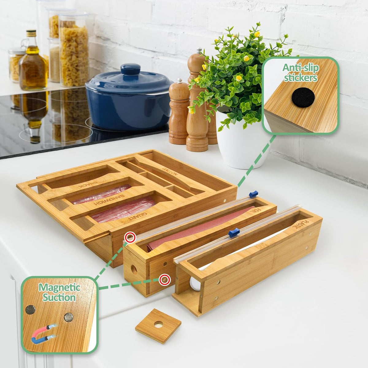 6-in-1 Magnetic Bamboo Drawer Organizer for Food Bags and Wraps Adjustable Compartment Storage with Dispenser and Cutter Fits Gallon Quart Sandwich and Snack Sizes