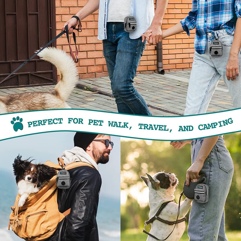 PetAmi Dog Poop Bag Holder for Leash, Dog Pet Waste Bag Dispenser For Poop With Clip, Doggy Puppy Walking Accessories Travel Camping, Dog Treat Pouch Supplies Must Have With Dog Bag Roll, Light Gray