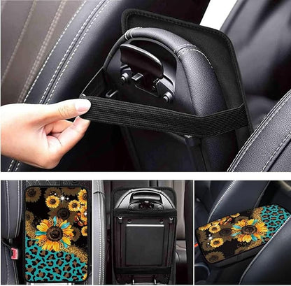 Sunflower Print Car Steering Wheel Cover Set for Men Women Leopard Print Auto Accessories 6 Pcs Sets Car Armrest Cover Handbrake Cover Suit for Most Cars Truck Vans SUV