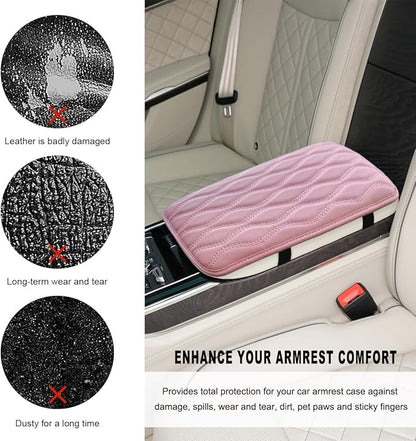 Car Center Console Pad, Waterproof Leather Armrest Seat Box Cover Protector, Non-Slip Middle Console Cushion Pad Interior Decor Fits Most Vehicles, Car Accessories (Pink)
