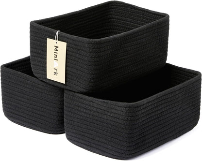 Small Storage Baskets for Organizing | Closet Organizer Bins | Shelf Toy Basket | Woven Rope Baskets | Cube Decorative Box | Shallow Basket | 11.5x7.5x4.7” | 3 Packs Black