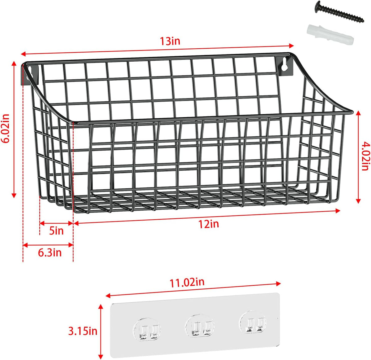 2 Pack Wall Hanging Baskets for Organizing, Large Metal Wire Basket with 5 Hooks+2 Strong Long Adhesive Hooks,Kitchen Hanging Mesh Organizer, Wall Mounted Bin for Kitchen, Bathroom, Bedroom,SUV,Garage