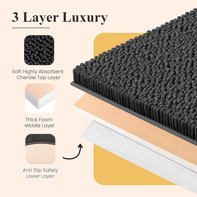 MAYSHINE Plush Shaggy Chenille Bath Mat | Extra Soft, Super Absorbent, Non-Slip Bathroom Rug | Fluffy Microfiber, Area Rug Sets for Bathroom Floor, Kitchen, Living Room | 32"x20" | Black