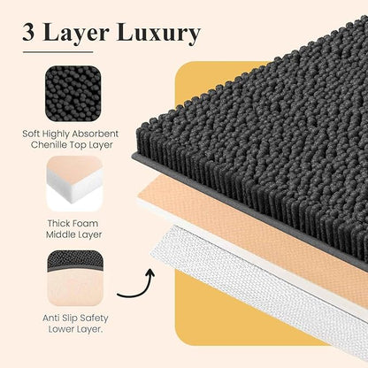 MAYSHINE Plush Shaggy Chenille Bath Mat | Extra Soft, Super Absorbent, Non-Slip Bathroom Rug | Fluffy Microfiber, Area Rug Sets for Bathroom Floor, Kitchen, Living Room | 32"x20" | Black