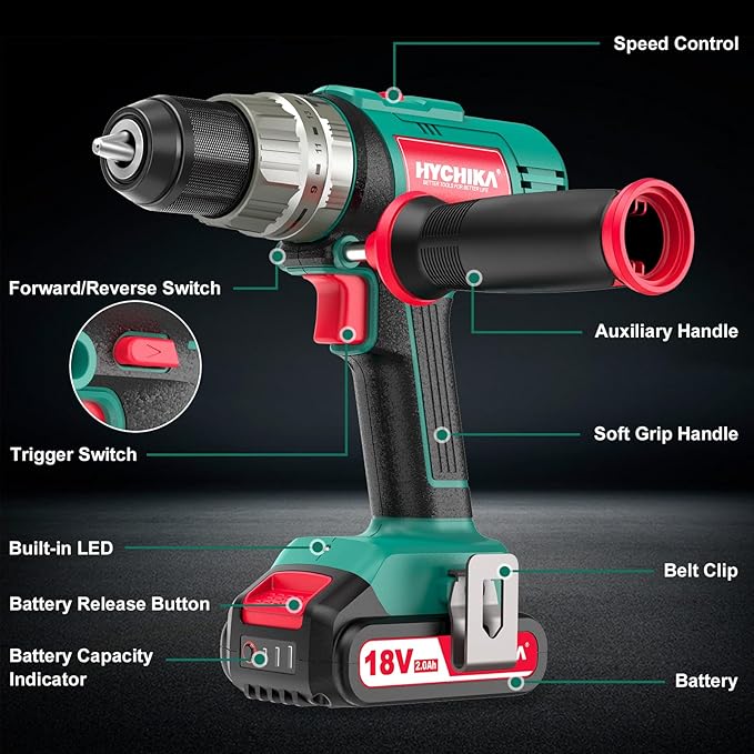 Cordless Hammer Drill Driver 18V, HYCHIKA 400 In-lbs Torque Power Drill