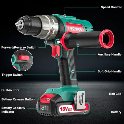 Cordless Hammer Drill Driver 18V, HYCHIKA 400 In-lbs Torque Power Drill