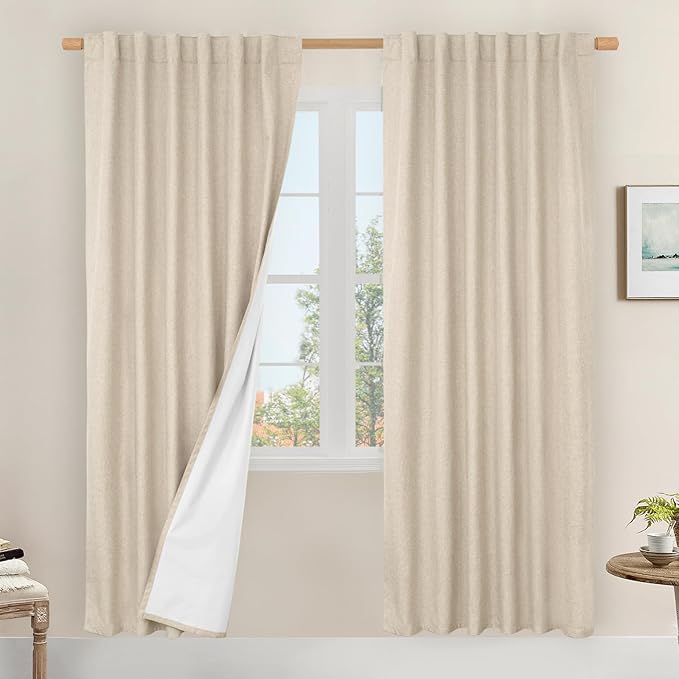 LAMIT 100% Blackout Natural Linen Curtains, 78 Inches Linen Textured Thermal