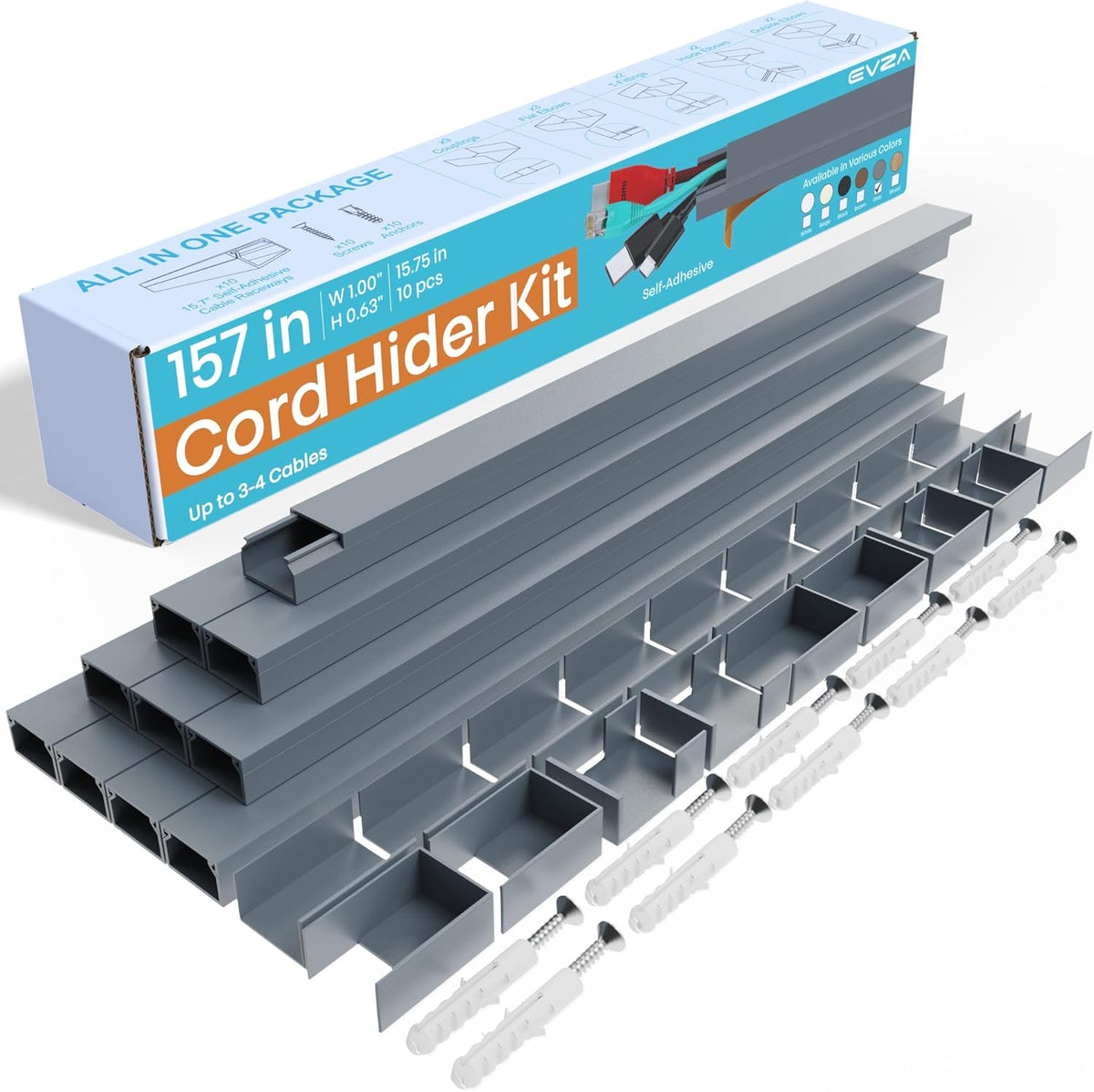 Grey Cable Cover Cord Hider - 157in Wire Hider on Wall Mounted, Grey Cord Cover Kit for Wall Mounted TV, Hide Wires Along Wall, Decorative Cable Raceway, Electrical Cable Concealer, Gray Cable Channel
