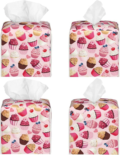 POIUBLE Tissue Box Holder Delicious Cupcakes Tissue Box Cover Square Leather Tissue Holder Organizer Portable Decorative Facial Paper Case for Home Office Bathroom Vanity Countertop
