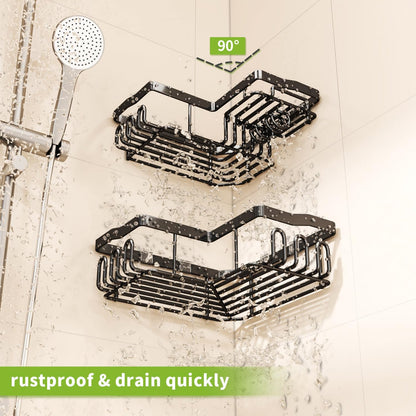 Corner Shower Caddy with Soap Holder, 2 Pack Stainless Steel Corner Shower Organizer with 11 Hooks, No Drilling & 6 Strong Adhesives Corner Shower Shelf Bathroom Organizer for Shower Room, Black