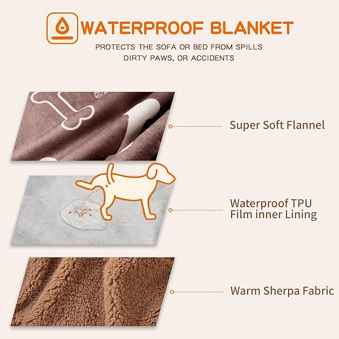 CAPT.SNOOZE Waterproof Dog Blankets Pet Blanket 50"x60", Soft Fluffy Sofa Car Bed Protector, Reversible Sherpa Fleece Dog Blanket for Large Dogs (Chocolate Brown-Bones)