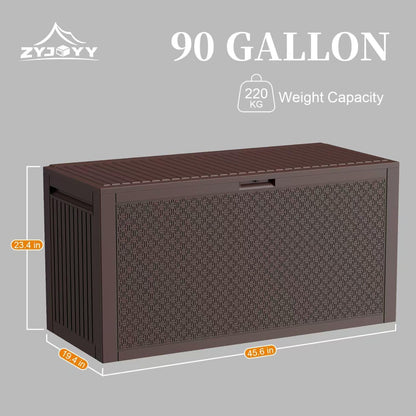 ZYJOYY 90 Gallon Resin Deck Box, Weatherproof Outdoor Storage Box for Patio, Garden, Pool, and Yard, Lockable Waterproof Bin for Tools, Cushions, and Accessories, Brown