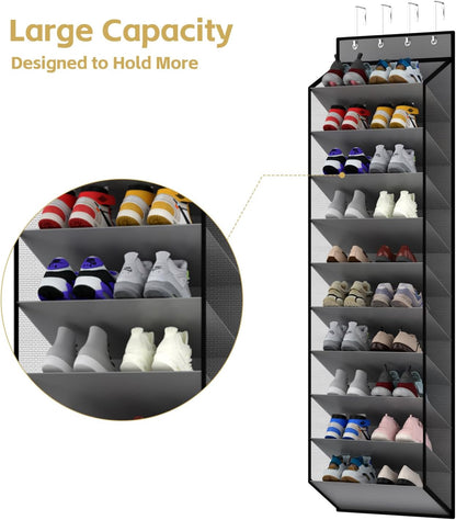 KEEPJOY 10 Tiers Mesh Over Door Shoe Organizer Storage, Hanging Shoe Holder for Door with Large Deep Pockets, Holds 20-30 Pairs of Shoes, Ideal for Sneakers & Boots.(Grey)