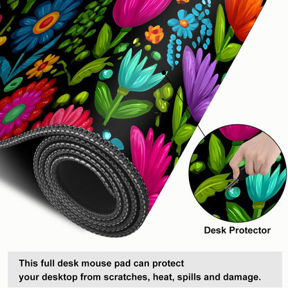 Folk Art Floral Mouse Pad – Large Extended Desk Mat 31.5 x 11.8 in– Colorful Boho Flowers on Black Background, Waterproof Surface, Non-Slip Rubber Base, Oversized Mouse & Keyboard Pad