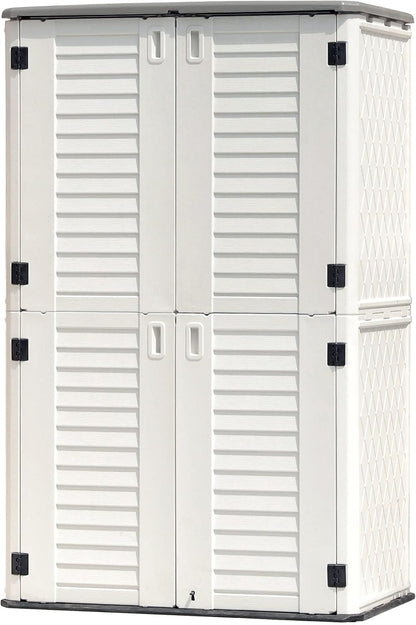KINYING Outdoor Storage Shed Waterproof, Resin Vertical Storage Cabinet Double-Layered, Versatile to Store Patio Furniture, Garden Tools, Pool Accessories,Mower (66 Cu.ft,White)
