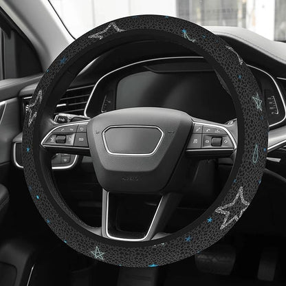 Cute Steering Wheel Cover for Women, Machine Washable Universal 14.5-15.5 inch Non-Slip Grip All Weather Use (Gray Leopard Stars)