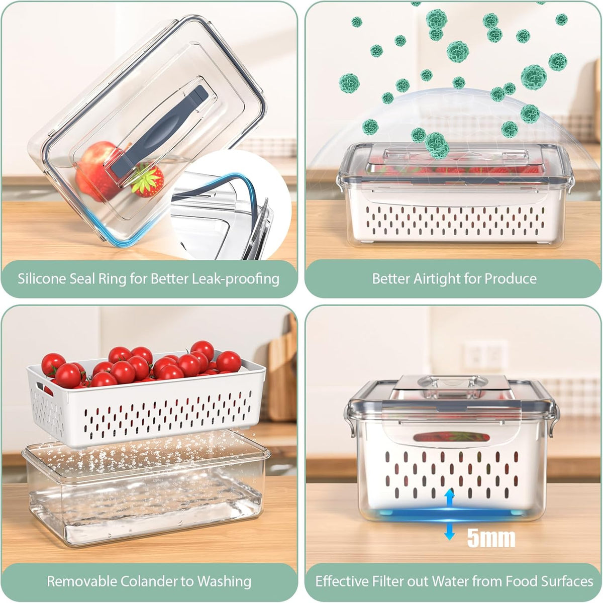 5 Pcs Fruit Storage Containers For Fridge with Removable Colander and Handle Lid, Refrigerator Organizers and Storage, Airtight Container to Keep Berry Fruit and Vegetable Fresh Longer Dishwasher Safe