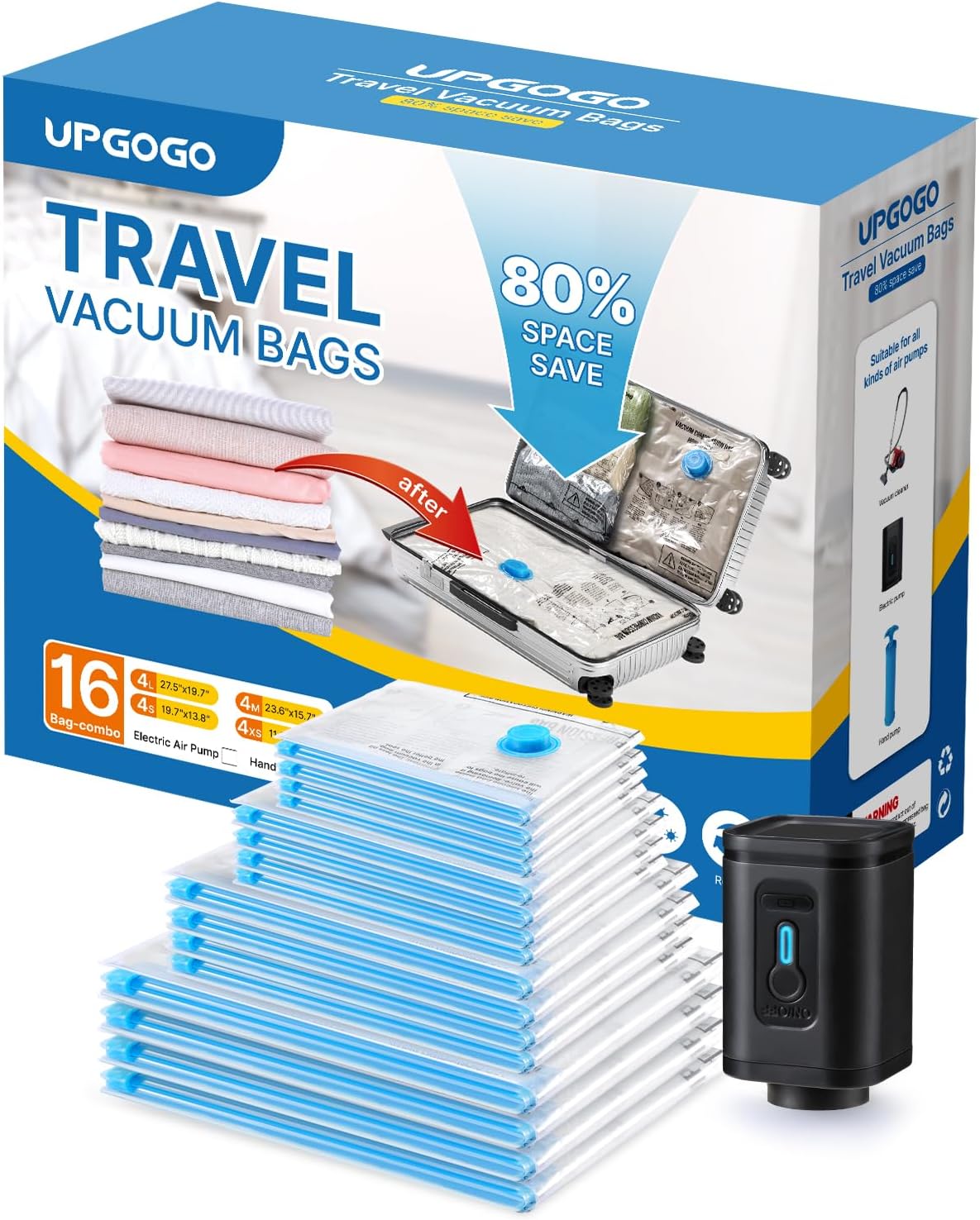 Combo 16 Pack Travel Vacuum Bags with Portable Electric Pump, Space Saver Vacuum Storage Bags for Clothing and Luggage, Travel Essentials